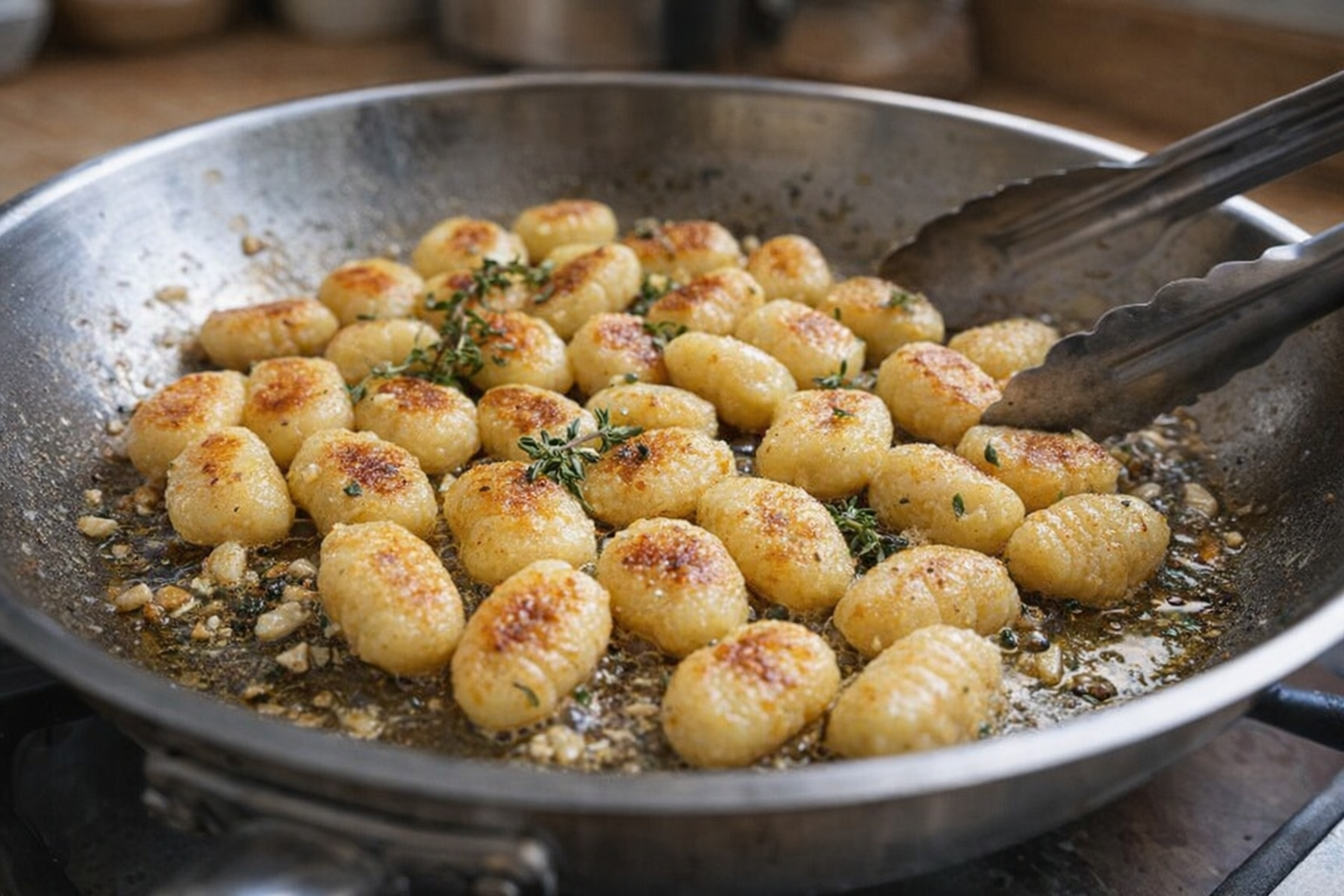 An eye-level shot of gnocchi being pan-fried in a stainless steel skillet with olive oil, garlic, and fresh thyme. The gnocchi are golden brown and slightly crispy